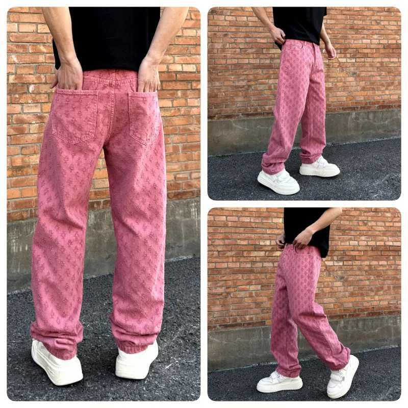 Pink jeans mens 2025 fashionable multi-color design hip-hop trend street mens loose straight leg wide leg washed jeansT250319