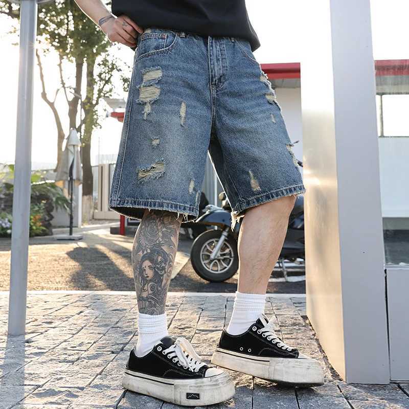 3507 American retro washed holes loose jeans shorts for men summer straight fashionable casual five-point pants W250319
