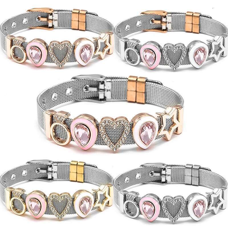 Crystal Heart Crown Beads 10mm Stainless Steel Mesh Bracelets Charm Keeper Bracelets Bangles For Women Mother Fashion Jewelry
