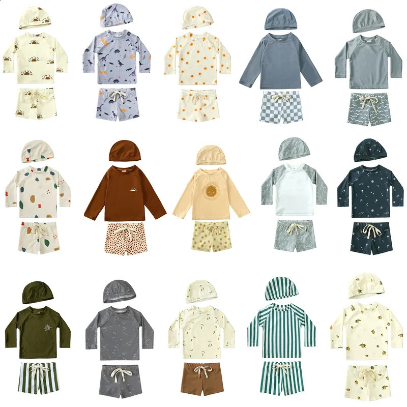 2025 Kids Swimsuit Printed Long Sleeve Girl Boy Swimwear Cartoon Children Two Pieces Bathing Suit Beachwear Monokini 250319