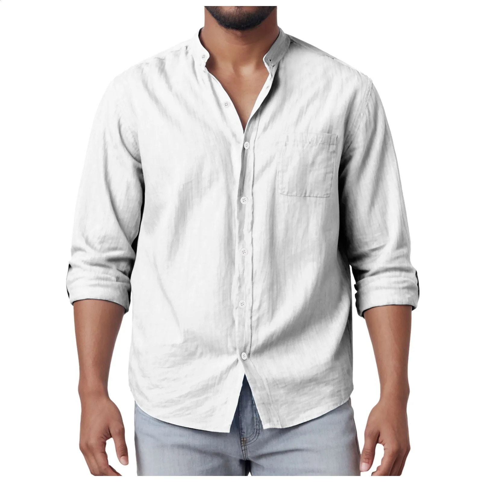 mens casual shirt cotton linen loose top long sleeved button down standing collar solid beach 250317