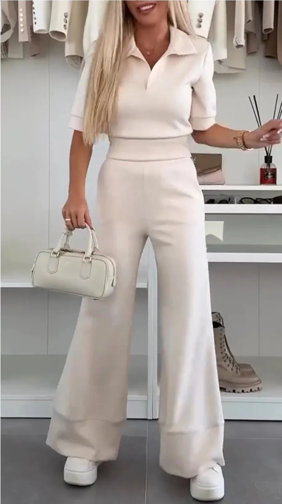 Women Elegant Office Lady Two Piece Sets Lapel Half Sleeve Tops with Wide Leg Pants Suit Solid Casual Loose Chic Outfits 250319