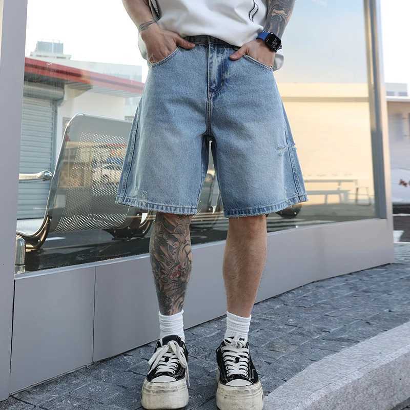 American retro washed loose jeans shorts simple matching mens summer straight trend casual five point pants W250319