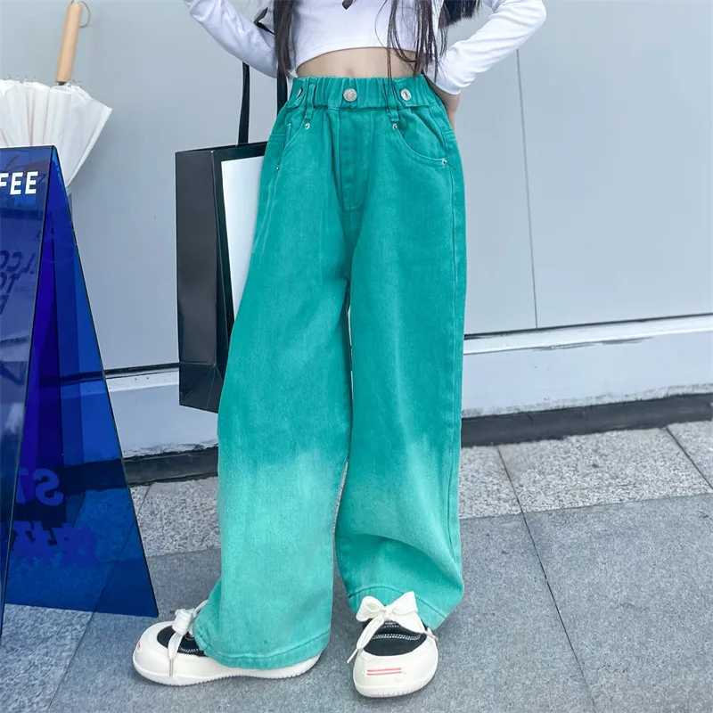 3-14Y Spring Autumn Girls Jeans Teen-agers Fashion Gradient Color Long Style Trousers For Kids Denim Wide Leg PantsT250318