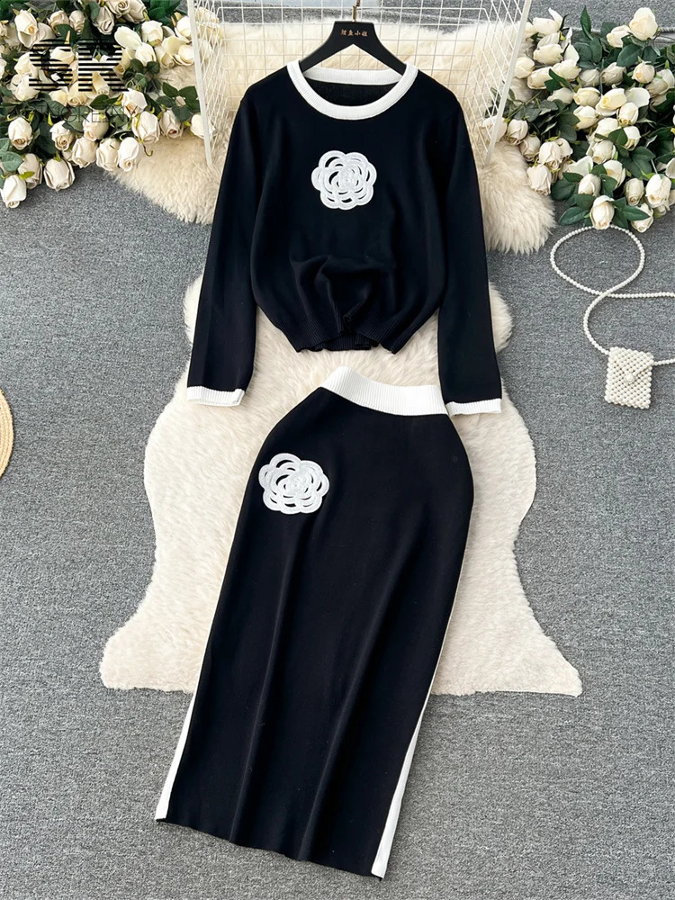 SINGREINY Elegant Two Piece Knit Set Winter Flower n Long Sleeve Pullover Elastic Waist Long Skirt Fashion Sweater Suit 250318