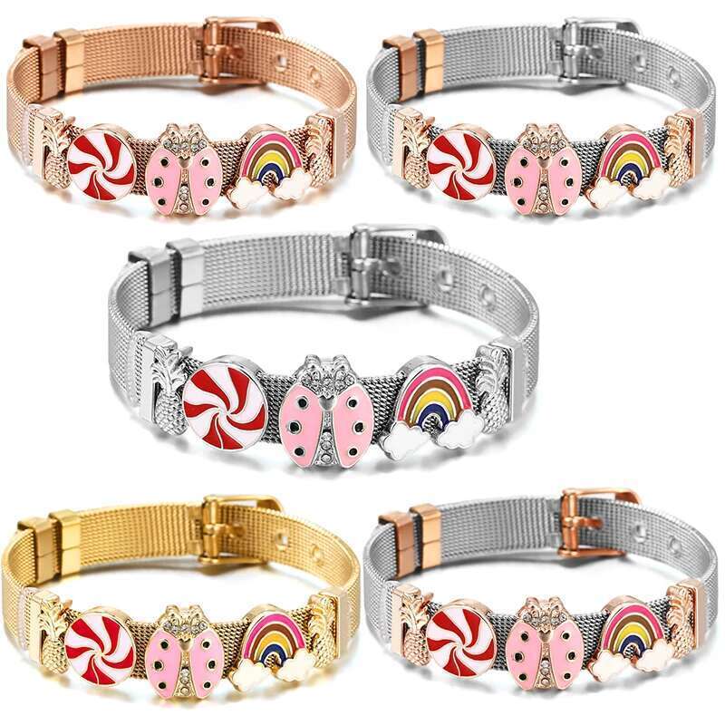 Hot Sale 10mm Rainbow Candy Beads Charm Bracelets DIY Stainless Steel Mesh Keeper Bracelets Mujer For Women Men Jewelry Gift
