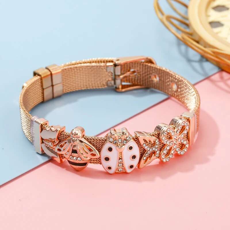 10Mm Crystal Bees Butterfly Beads Charm Bracelets DIY Stainless Steel Mesh Bracelet Pulseras Mujer For Women Men Jewelry Gift