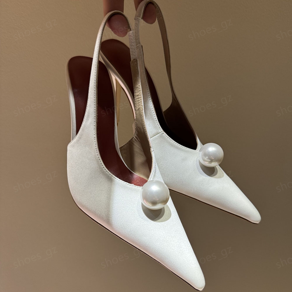 Magda Butrym Faux-Pearl flower Embellished satin Dress shoes Sandals heeled pumps Pointed Toes Slip-on designer high heel Women Evening Party Wedding 