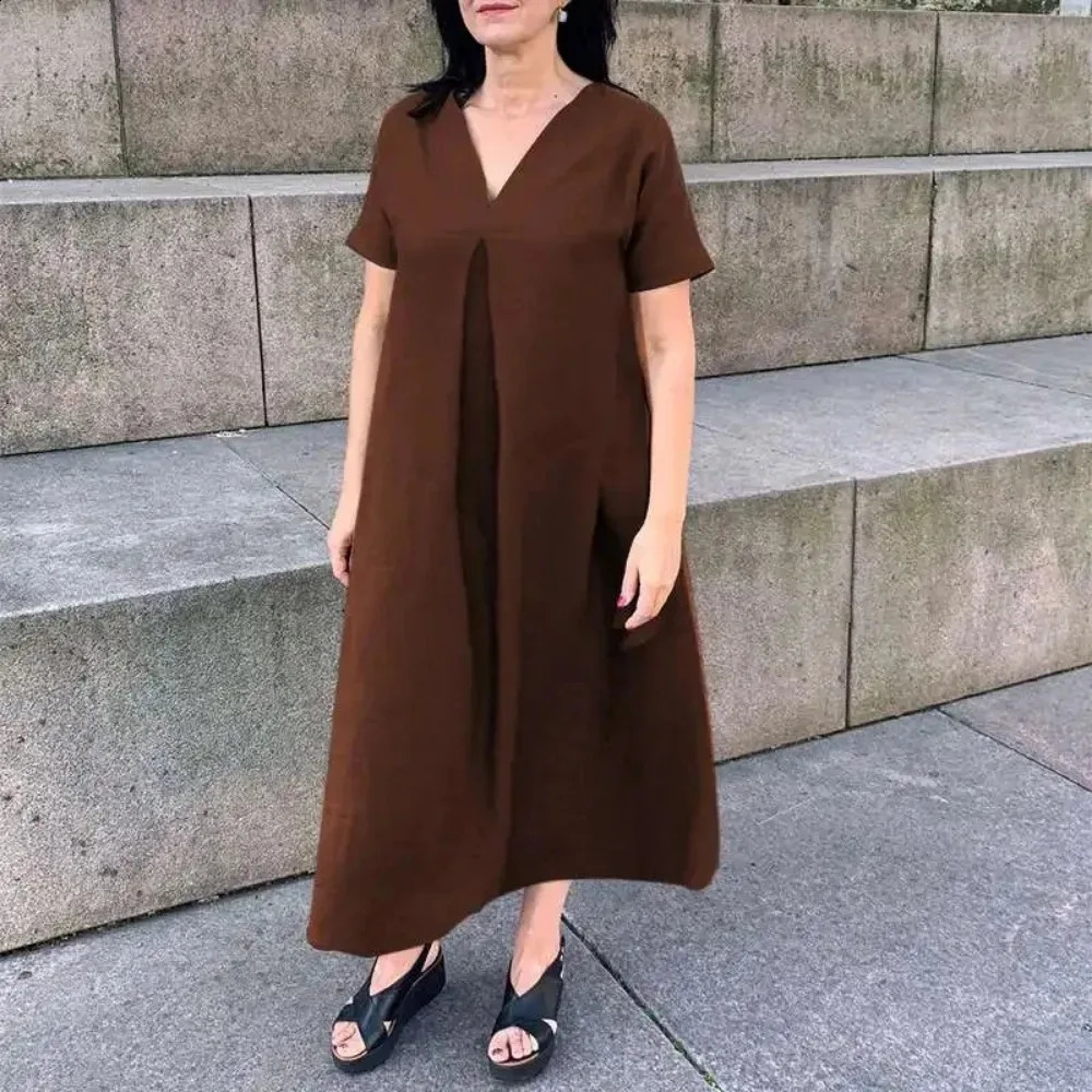 Womens L5XL plus size spring summer loose cotton linen short sleeved fashionable dress Vneck solid color casual 250319