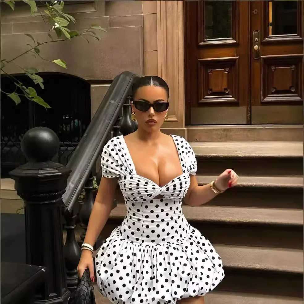 Sexy short sleeved Uneck polka dot printed hollow dress for womens crossborder fashion autumn 250319