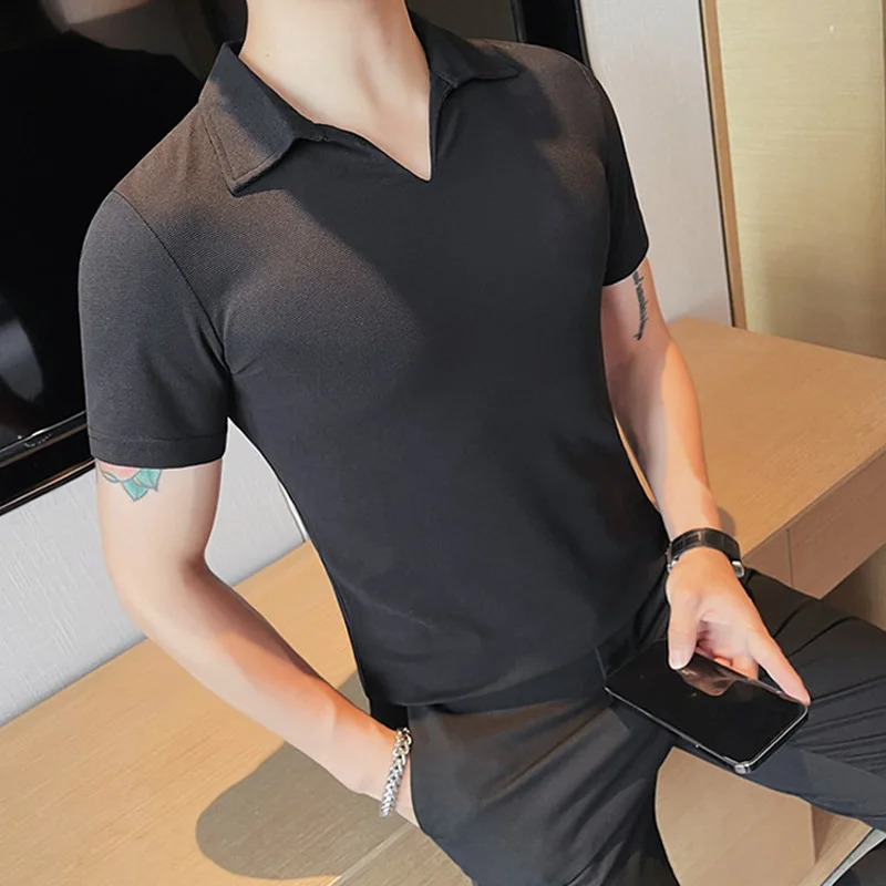 Summer mens jacquard knitted V-neck short sleeved polo shirt casual breathable fashionable high-quality knitted S-3XL 250318
