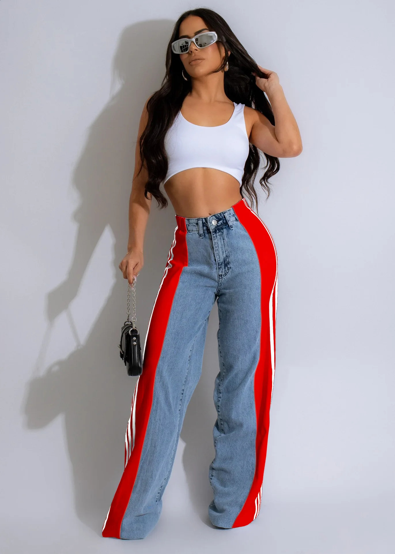 Fashionable womens jeans summer loose patch work high waist comfortable street can wear casual wide leg pants 250317