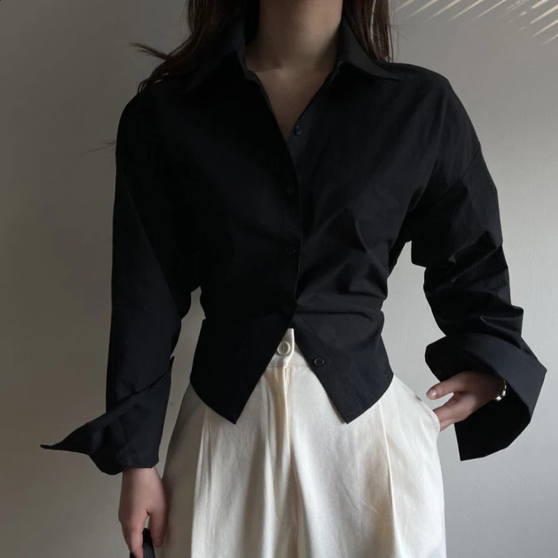 Gidyq Korean Bandage Shirt Women Fashion Backless Sexy Blouse Office Ladies Casual Slim Chic Turn Down Collar Long Sleeve Tops 250319