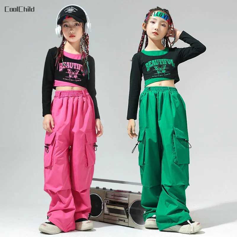 Girls Hip Hop Faux Two Piece Colorful Crop Sweatshirt Street Dance Cargo Pants Child Streetwear Kids Jazz Costumes Clothes SetsT250318