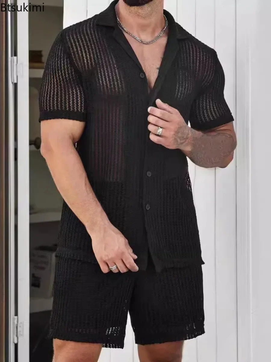 Summer Cool Breathable Mens Knitted Shirt Fashion Hollow Short Sleeve Button Collar Cardigan Top Mens Knitted Solid Polo Shirt 250317