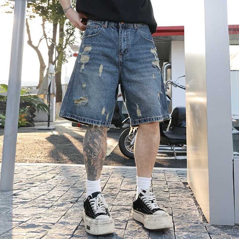 3507 American retro washed holes loose jeans shorts for men summer straight fashionable casual five-point pants W250319