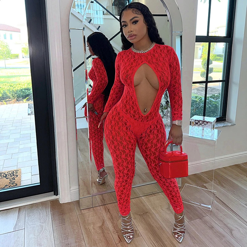 Sexy Mesh See Through Hollow Out Jumpsuits Women Long Sleeve Backless Pencil Pants Outfits Spring Fall Harajuku Y2K Clothes 250319