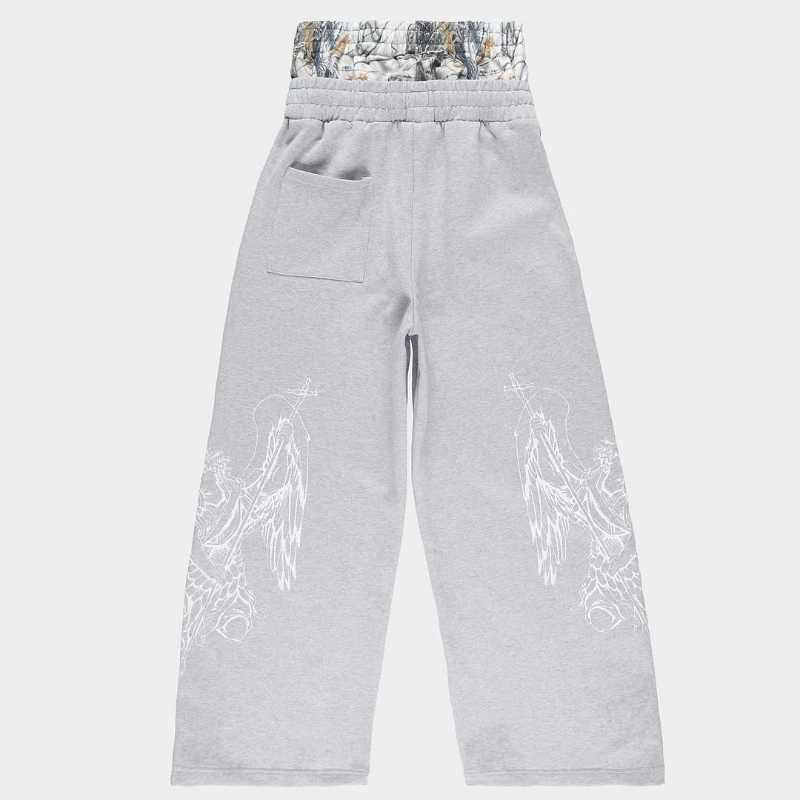 Y2K retro sweatpants high street print camouflage double waist straight leg pants angel pattern solid color men women casualwear X250319