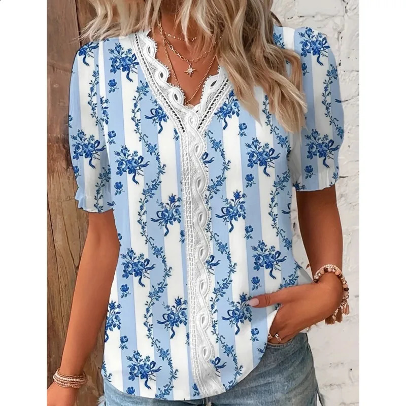 Summer Vneck lace decal printed womens shirt 2024 elegant office short sleeved floral zipper 250319