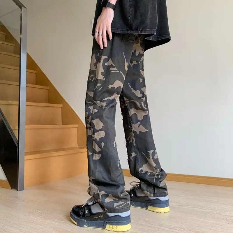 camouflage bag wide leg torn cargo Y2K mens clothing straight hip-hop pants Pantalon Homme 250317