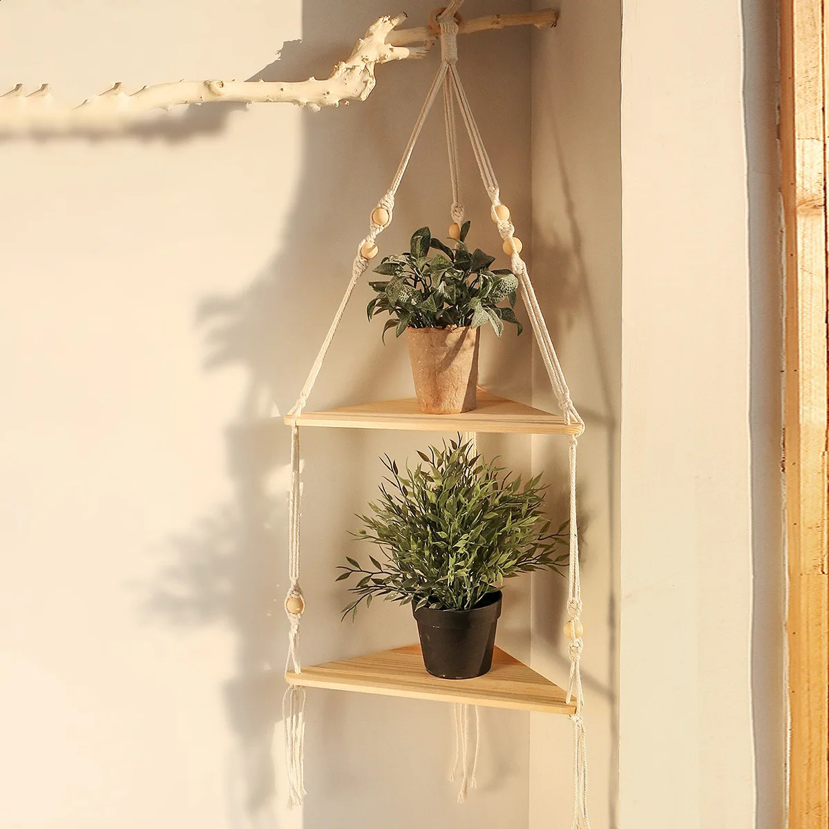 Corner Shelf Macrame Wall Hanging Wood Floating Shelves Rustic Boho Wall Shelf Decor Storage Rack for Plants Pots Po Frames 250314