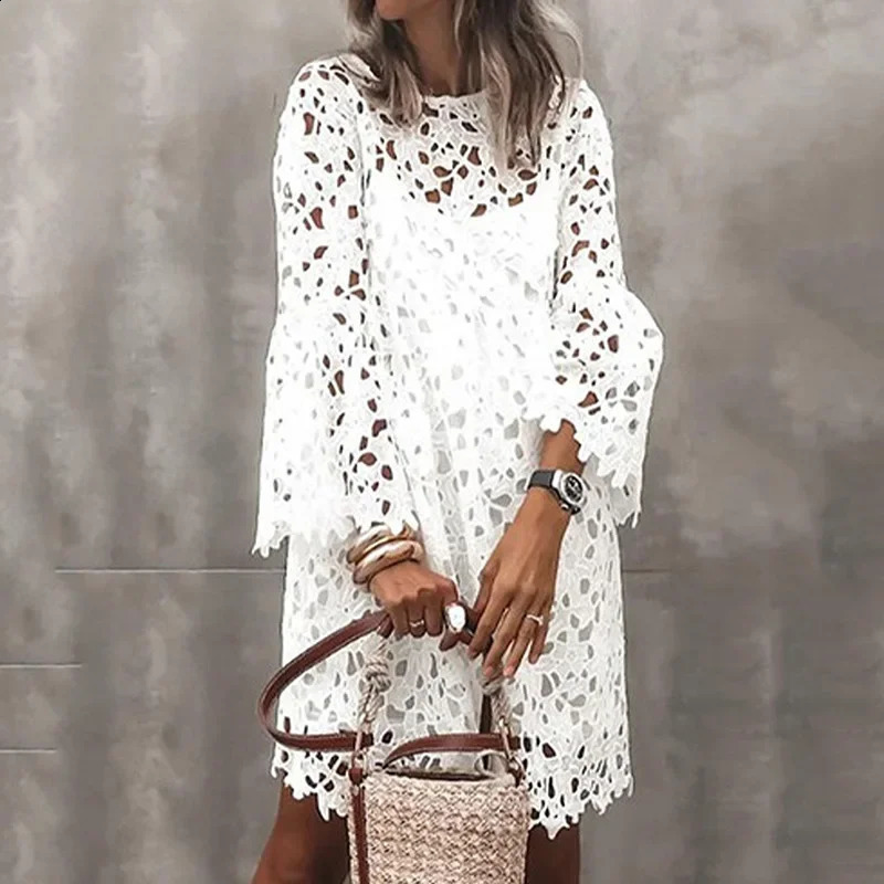 Lace Dress Sling Two Piece Suit Women Autumn Sexy Hollow Out Mini Dresses Female Vintage Elegant Puff Sleeve Short 250319
