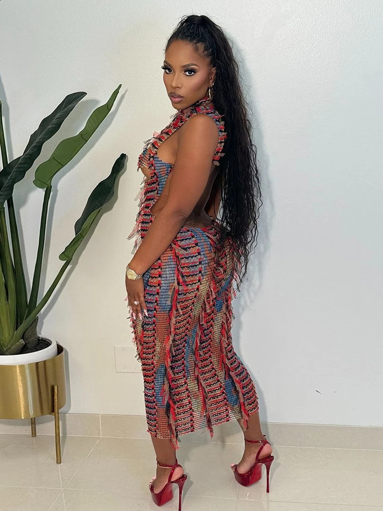 Weird Puss Sexy Hollow Dress Women Knit Colorful Tassel Backless Y2k Summer Trend Stretch Sleeveless Elastic Bodycon Clubwear 250319