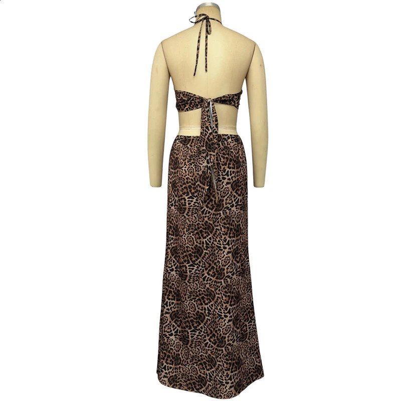 Wefads womens long skirt summer sexy casual sleeveless leopard print suspender collar lace backless hollow vacation dress 250317