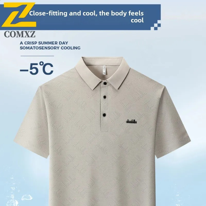 High quality ice silk mens shirt with fashionable printed comfortable and breathable elastic top casual lapel polo shirt 250317