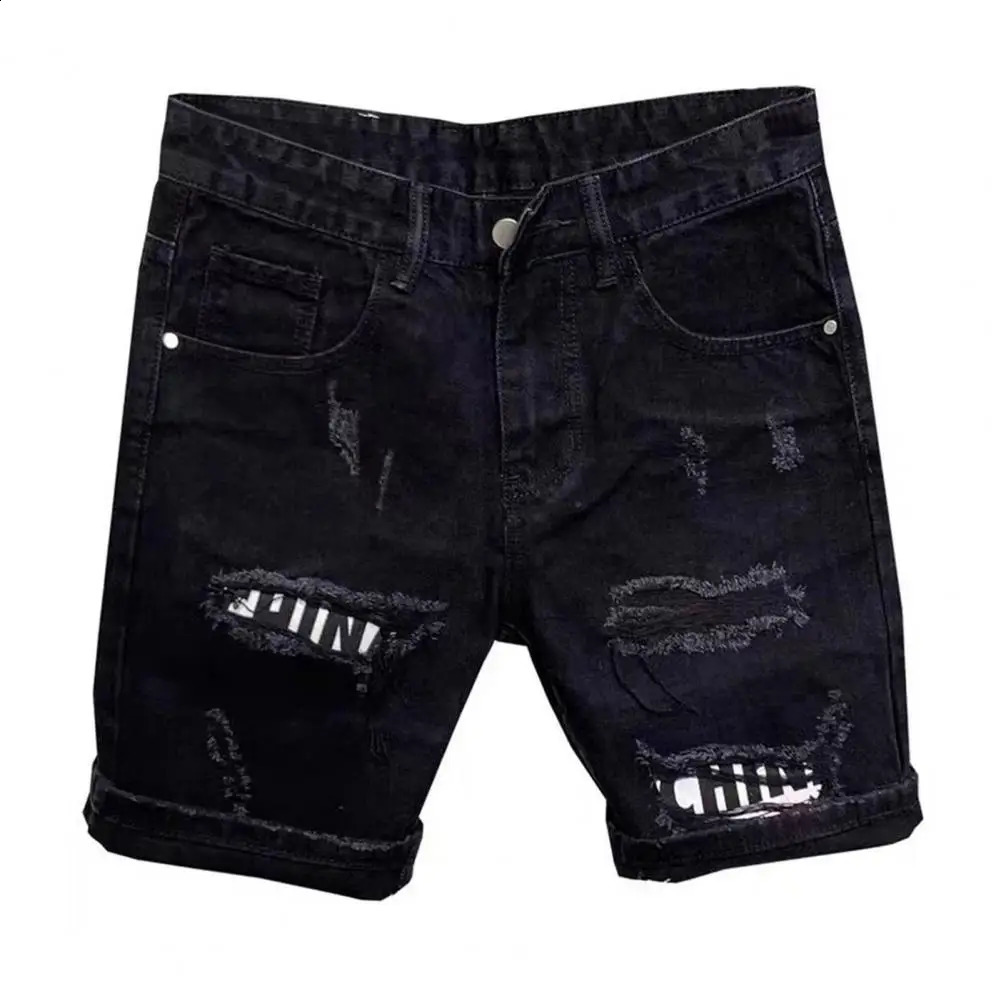 Summer mens torn patch denim shorts with straight button zipper pockets short sleeves long 250317