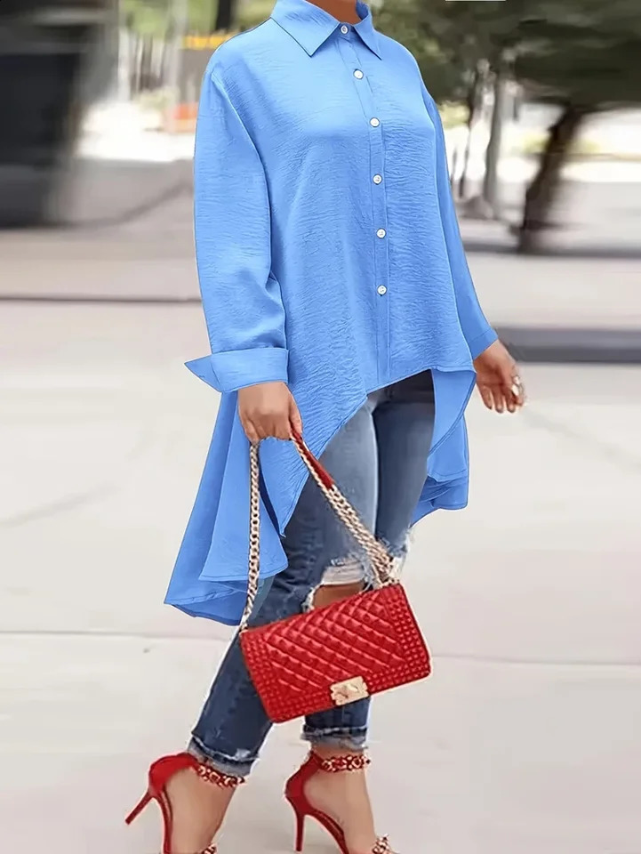 Plus Size SpringSummer Womens Solid Color Single Chest Collar Top Long Sleeve Loose Casual Shirt 250318