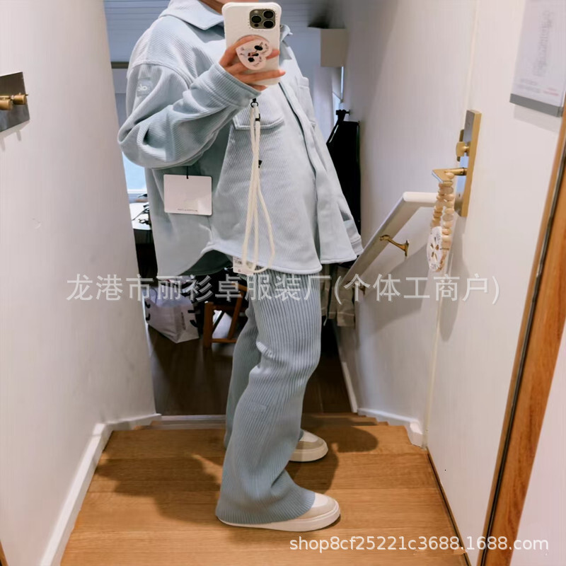 New blue floor striped micro flared with high waist, slim fit lazy feeling, casual and unique slimming straight leg pants
