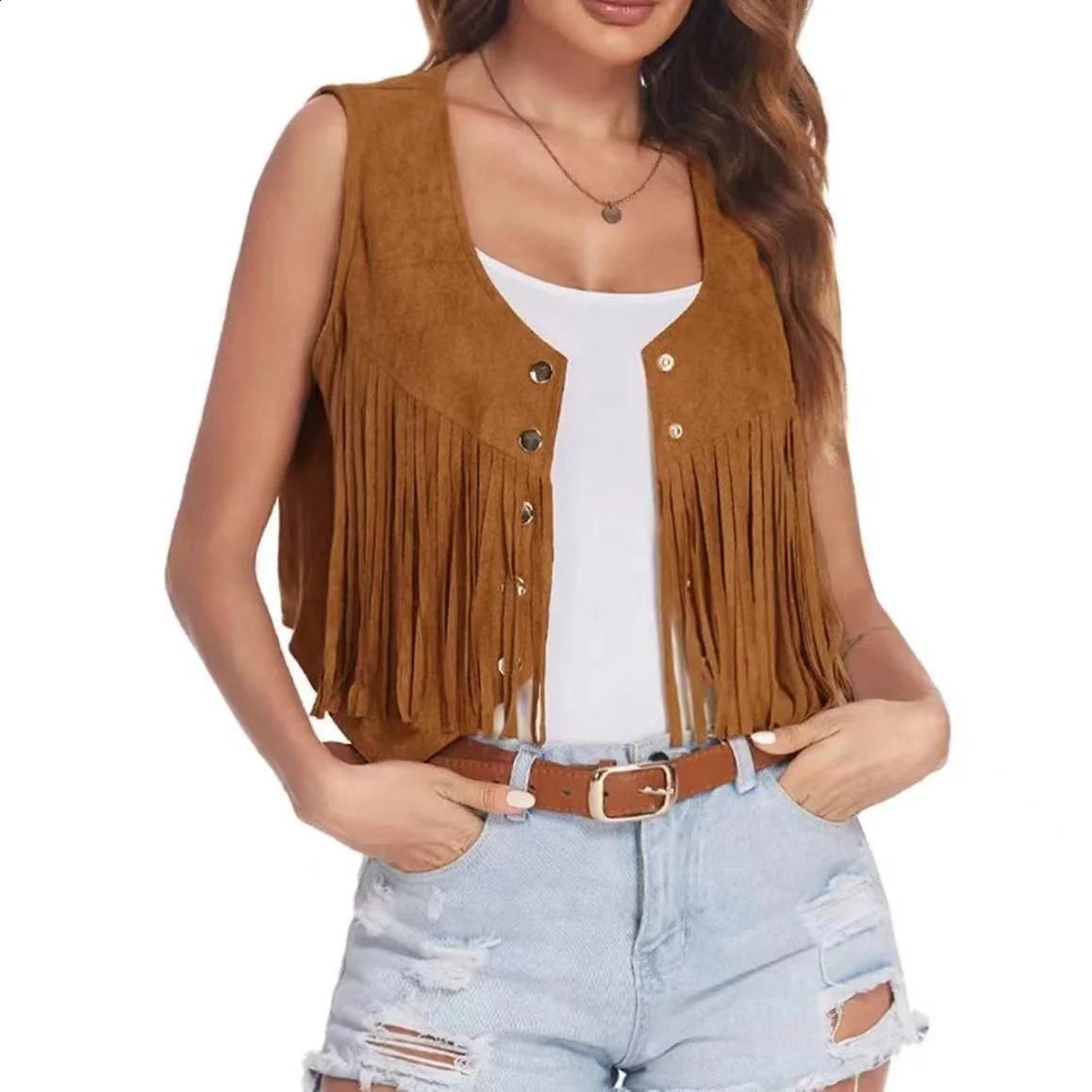 Womens summer retro trend loose tassel vest short jacket ethnic casual metal button coat fully matched elegant sleeveless top 250319