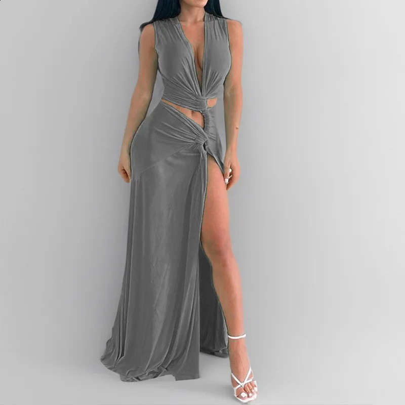 Summer Elegant Women Sexy Deep V Cut Slit Maxi Fashion Casual Sleeveless Waist Hollow Out Outfits Lady Long Dress 250318 C260312