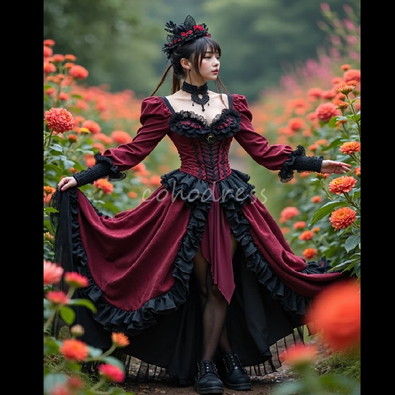 Cosplay Gothic Victorian Prom Dress Steampunk Fantasy Costume Evening Dress Long Sleeve Ruffles Lace Vampire Party Masquerade Obsessed Formal Occasion