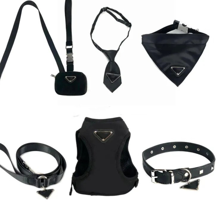 Designer Harnesses Leashes Set Soft Air Mesh Adjustable Pet Harness Pets Bandanas PU Leather Dog Collars for Small Dogs Cat French Bulldog Black XXL A