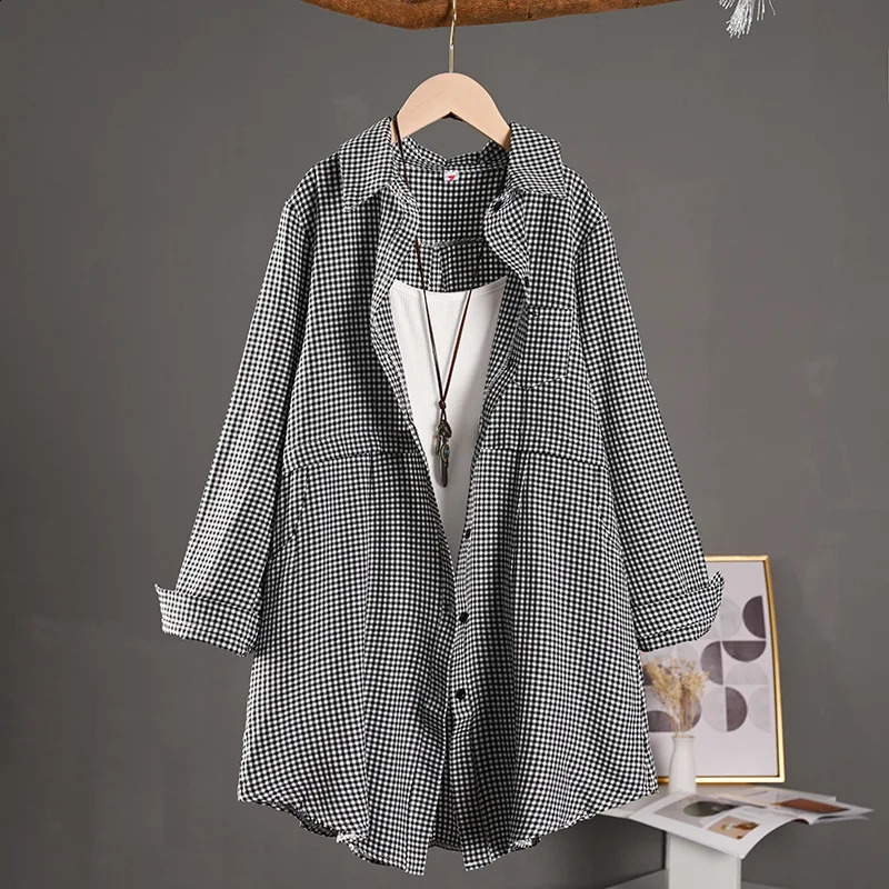 Fashionable and elegant womens shirt with grid pattern weight loss effect perfect for spring summer 250319