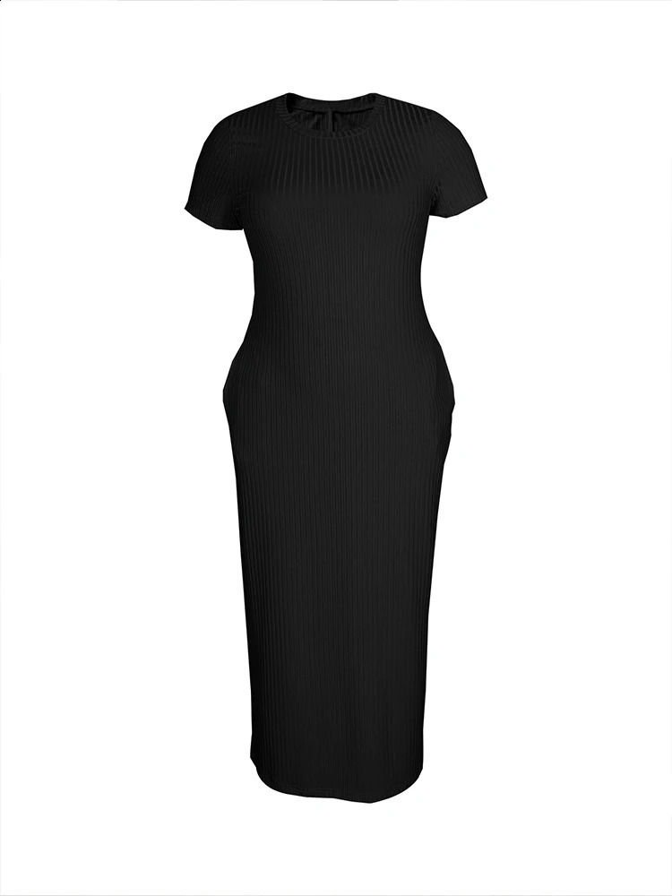 Plus Size 2024 Summer Round Neck Short Sleeve Ultra Thin Spicy Girl Fashion Solid Casual Tight Dress 250319