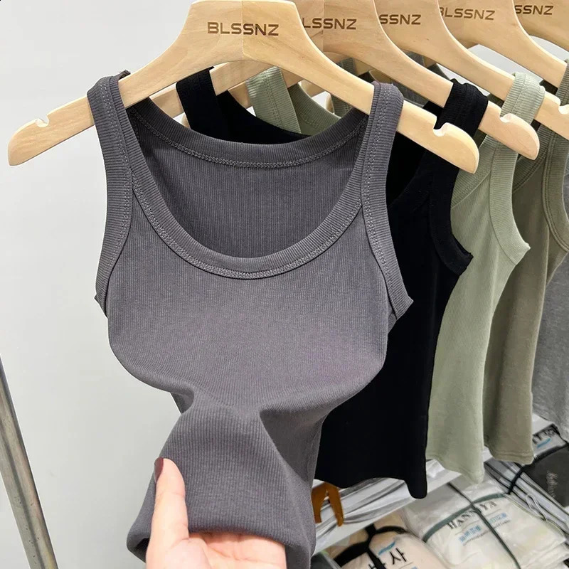 2025 solid color basic rib knitted vest womens summer retro sleeveless Camis girls street clothing soft Tshirt 250319