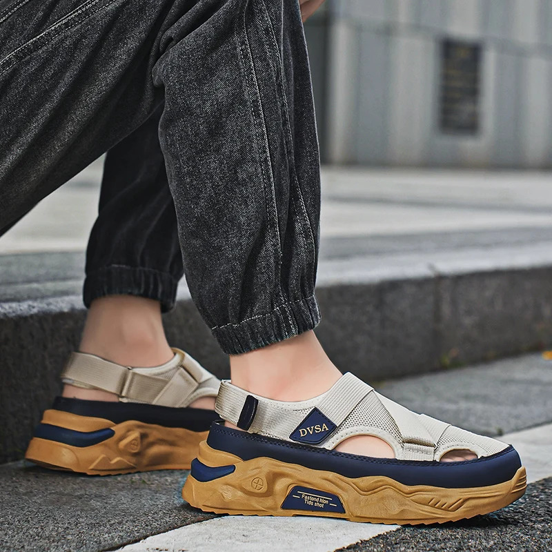 Thick Bottom Baotou Sandals for Mens Summer Outdoor Hollow Out Breathable Mesh Increase Anti Slip Casual Beach Shoes 250317