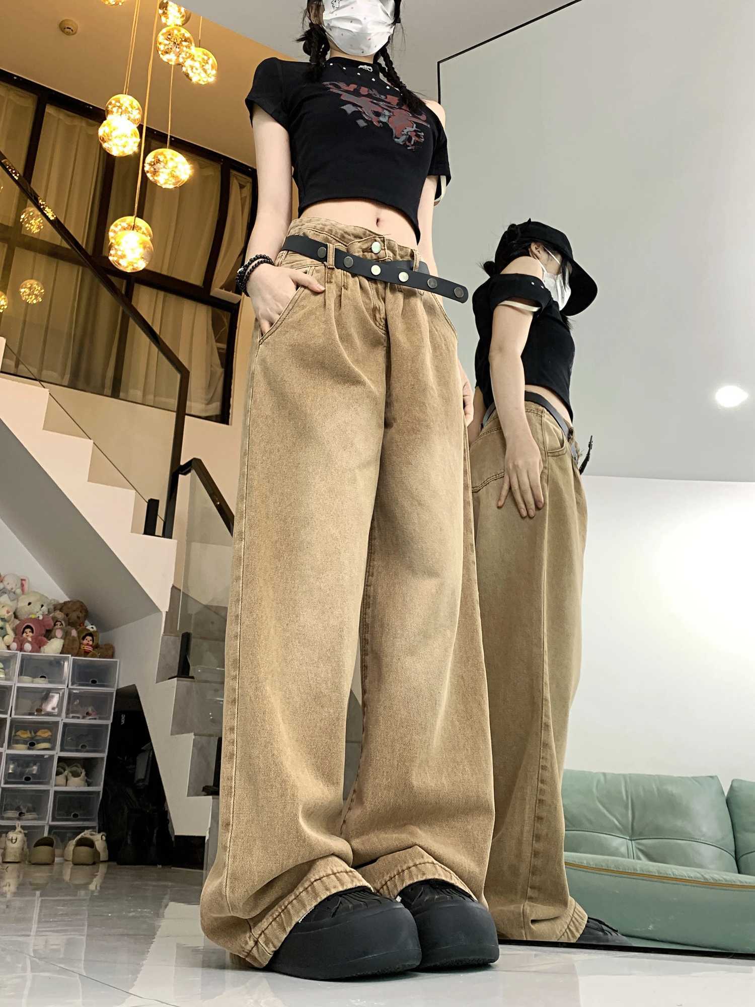 American retro design womens pants high waisted trendy full match new Y2K jeans summer fashion personality womens jeansT250319