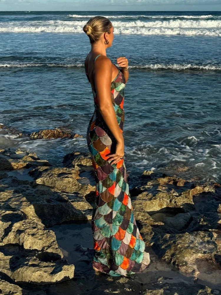 Fashion Sleeveless Bodycon Printed Robe Vintage Women Contrast Color Halter Long Dress 2025 Chic Spring Lady Party Beach Dresses 250319