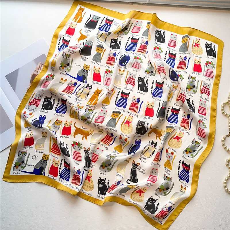 2023 Silk Shawl Print Scarf Cat Hair Wrap Neckerchief Fem Satin Square Scarf For Wen band Foard Hijab Bandana X250319