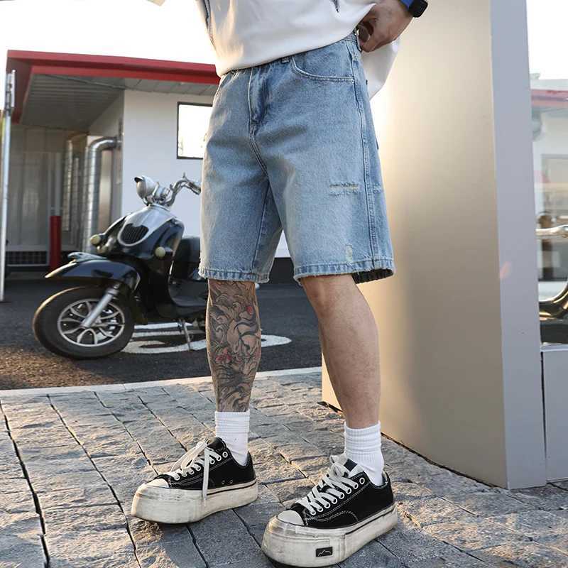 American retro washed loose jeans shorts simple matching mens summer straight trend casual five point pants W250319