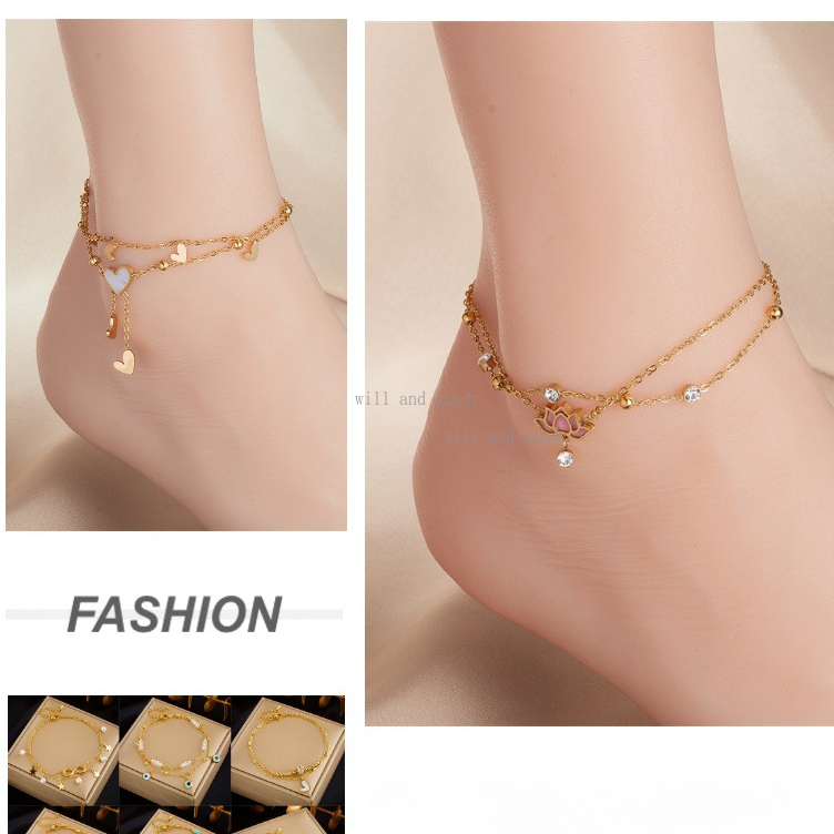 Non Tarnish 18k Gold Waterproof Anklet Chain Bracelet Designer Star Heart Cross Charm Dainty Layered Stacking Foot Chain for Woman Girls Summer Beach 