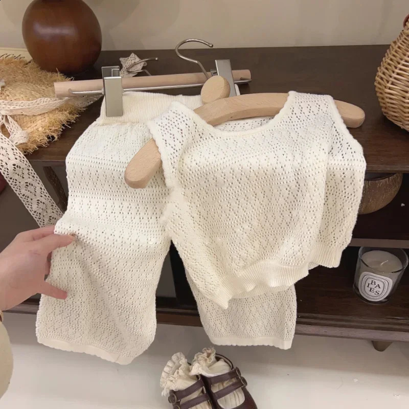 Girls Clothing Sets Summer Korean Thin Knitted Girl Set Children Hollow Breathable Vest Wide Leg Pants Two-piece Suit 250319