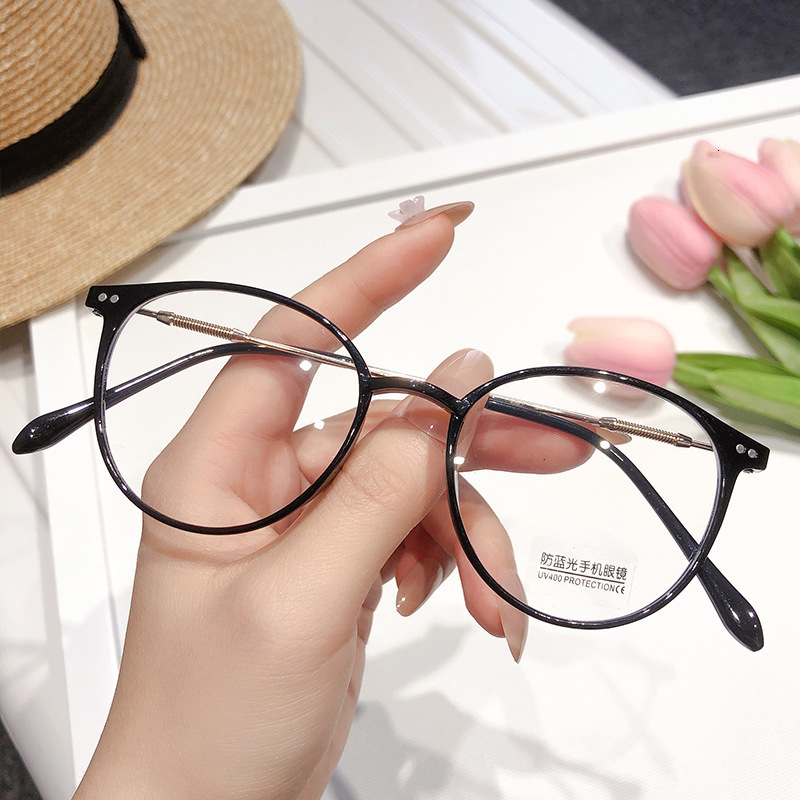 Round Anti Blue Light Flat Lens Cold Tea Colored Female Student Myopia Lens Frame Matched with Degree Bare Color Glasses Frame Women's Lightweigh