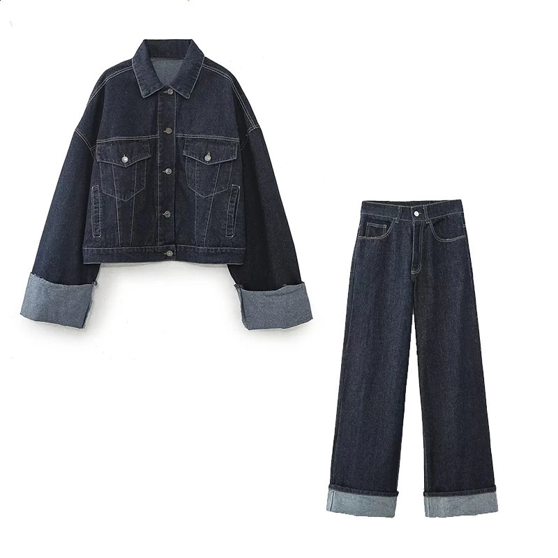 Willshela Womens Fashion 2piece Set with Pocket Denim Solid Jacket and Retro Front Zipper Trouser Femle Pants 250319