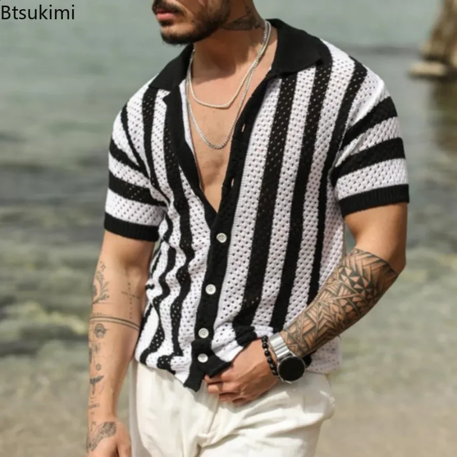 Mens Summer Striped Hollow Out Knitted Short-sleeved Polo Shirts Casual Loose Cardigan Tops Male Streetwear T-shirt 250317