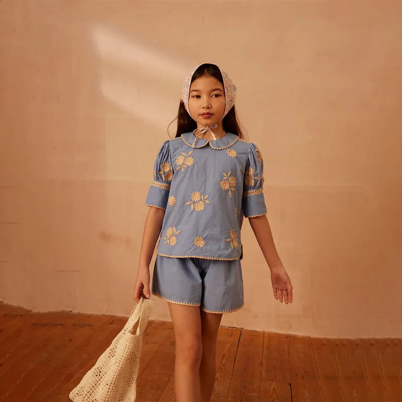 Girls Short-sleeved Top 2025 Summer Fashion Printing Embroidery Girls Short-sleeved Suit Cotton Comfortable Wide Leg Pants 250319